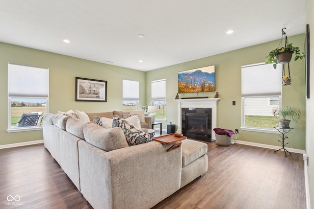 living room featuring a glass covered fireplace, dark wood-type flooring, baseboards, and a healthy amount of sunlight