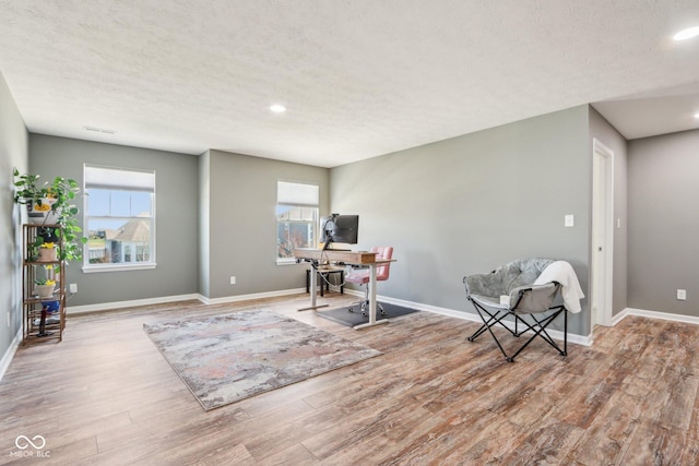 living area with baseboards, wood finished floors, and a textured ceiling