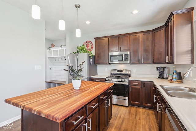 kitchen with a sink, dark brown cabinetry, wood finished floors, and stainless steel appliances