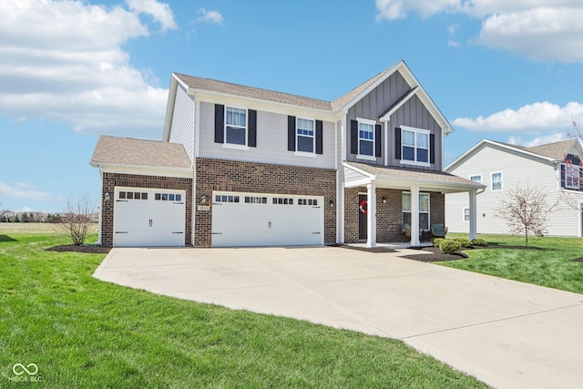 view of front of home with a front yard, brick siding, board and batten siding, and concrete driveway