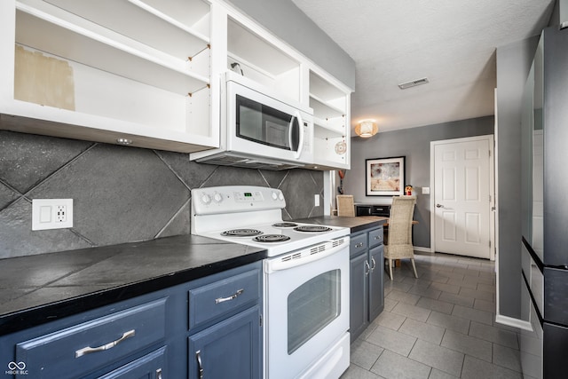 kitchen featuring open shelves, blue cabinets, white appliances, and visible vents