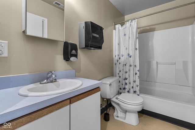 full bath with toilet, vanity, visible vents, and shower / tub combo