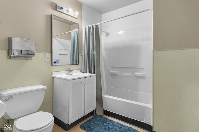 full bath with vanity, toilet, and shower / bath combination with curtain