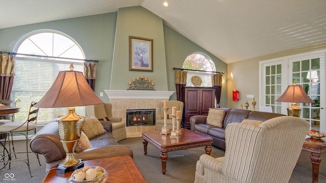 7971 Cool Hollow Pl, Indianapolis, IN 46237 - carpeted living area with a tiled fireplace and high vaulted ceiling