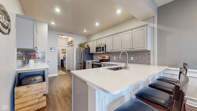 7971 Cool Hollow Pl, Indianapolis, IN 46237 - kitchen with tasteful backsplash, appliances with stainless steel finishes, dark wood-style flooring, and a sink