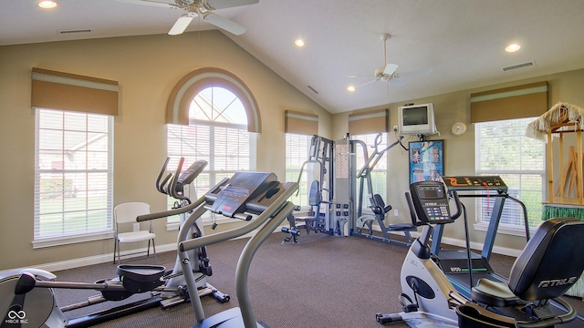 7971 Cool Hollow Pl, Indianapolis, IN 46237 - gym with vaulted ceiling, visible vents, and ceiling fan