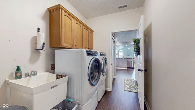 7971 Cool Hollow Pl, Indianapolis, IN 46237 - clothes washing area featuring a sink, a textured ceiling, cabinet space, dark wood finished floors, and visible vents