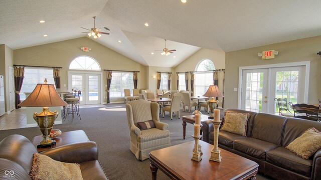 7971 Cool Hollow Pl, Indianapolis, IN 46237 - living room with light carpet, a ceiling fan, french doors, and plenty of natural light