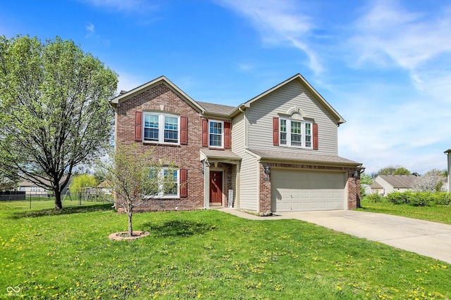 traditional-style house featuring fence, concrete driveway, brick siding, a front yard, and a garage