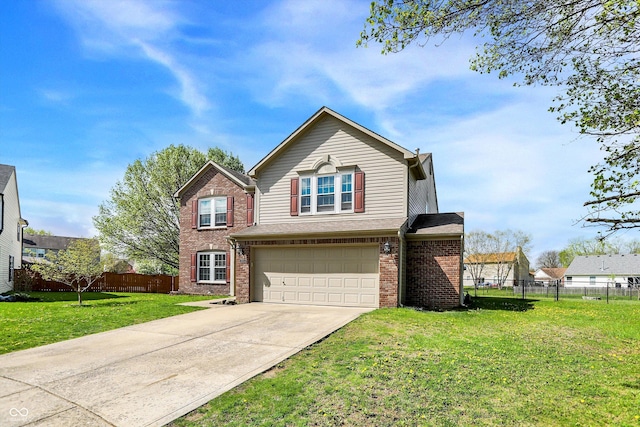 traditional home featuring a garage, a front yard, concrete driveway, and fence