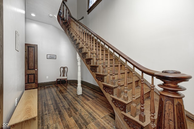 3864 N US Highway 231, Greencastle, IN 46135 - stairway with baseboards, recessed lighting, hardwood / wood-style floors, and a towering ceiling