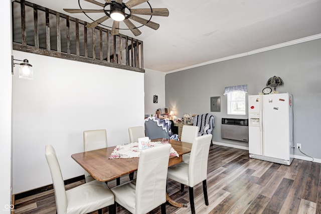 3864 N US Highway 231, Greencastle, IN 46135 - dining area with baseboards, electric panel, a ceiling fan, crown molding, and wood finished floors