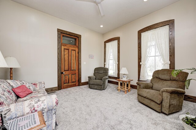 3864 N US Highway 231, Greencastle, IN 46135 - living room with carpet flooring, baseboards, a ceiling fan, and recessed lighting