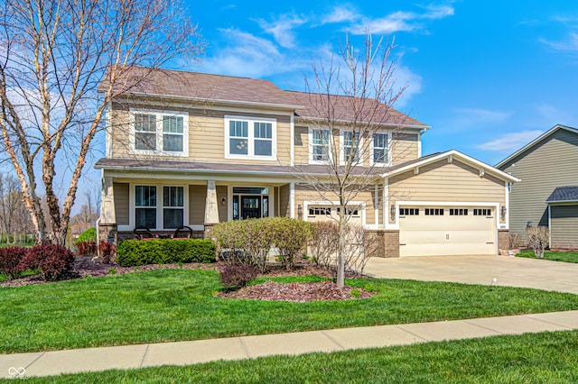 4644 Shelby Cir, Greenwood, IN 46143 - view of front of property with a garage, a porch, driveway, and a front lawn