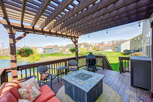 4644 Shelby Cir, Greenwood, IN 46143 - wooden terrace with a pergola, a residential view, an outdoor living space with a fire pit, and a lawn