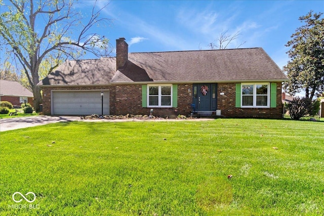 ranch-style house featuring a chimney, driveway, an attached garage, a front lawn, and brick siding