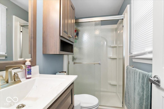 bathroom featuring toilet, a stall shower, and vanity