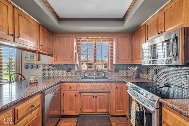 kitchen with a sink, appliances with stainless steel finishes, a raised ceiling, and crown molding