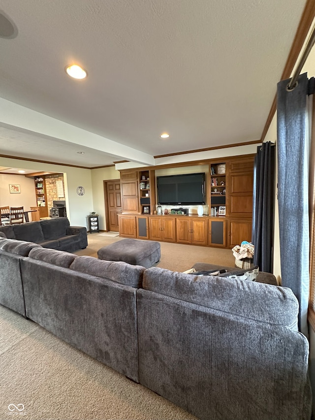 living room with a fireplace, crown molding, carpet floors, beamed ceiling, and recessed lighting