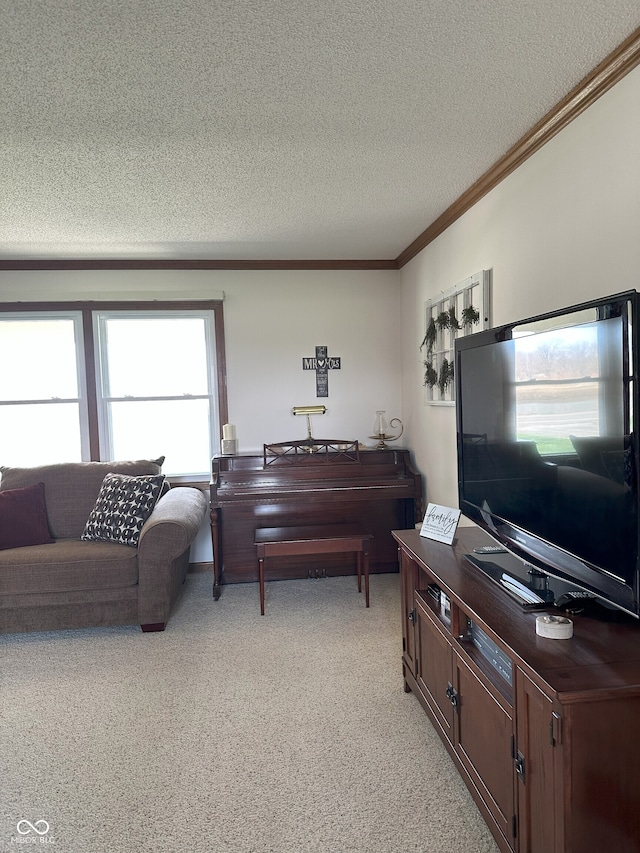 living area with crown molding, light colored carpet, and a textured ceiling