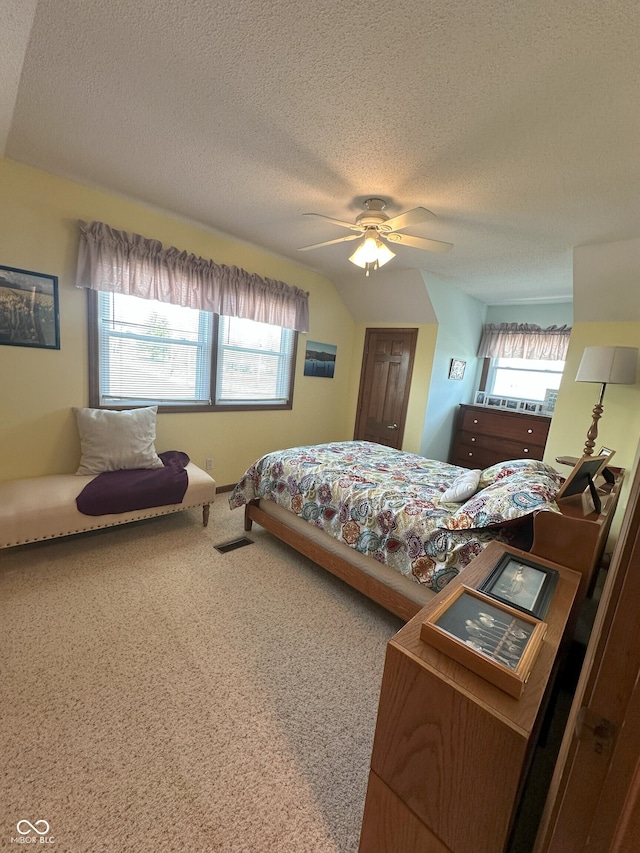 bedroom featuring multiple windows, carpet, and a textured ceiling