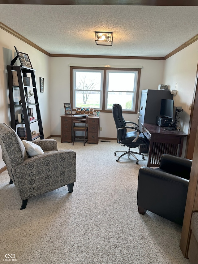 carpeted office space featuring a textured ceiling and crown molding