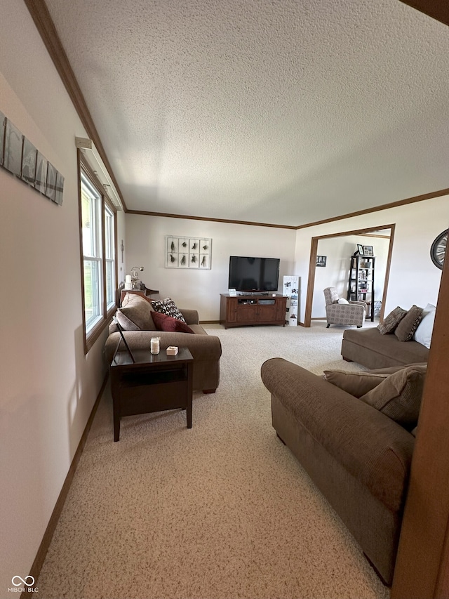 living room featuring crown molding, baseboards, carpet, and a textured ceiling