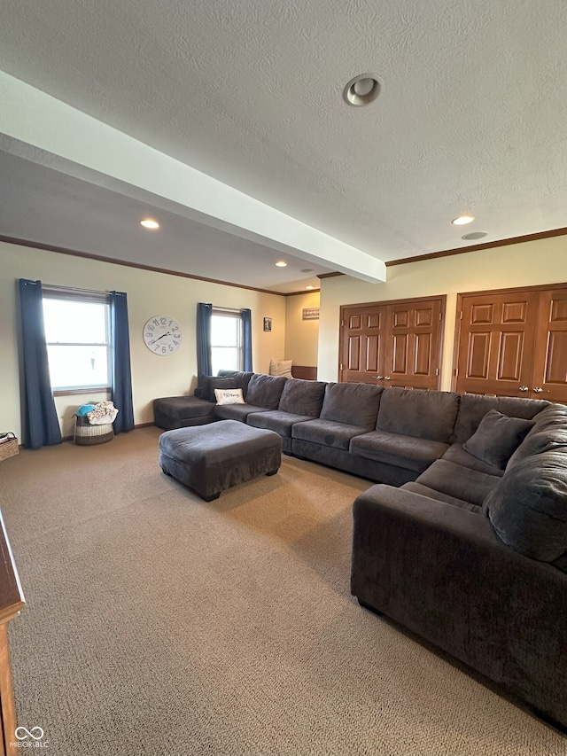 living room featuring carpet floors, recessed lighting, beamed ceiling, and a textured ceiling