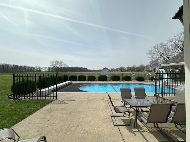 view of pool featuring a fenced in pool, a patio, and fence