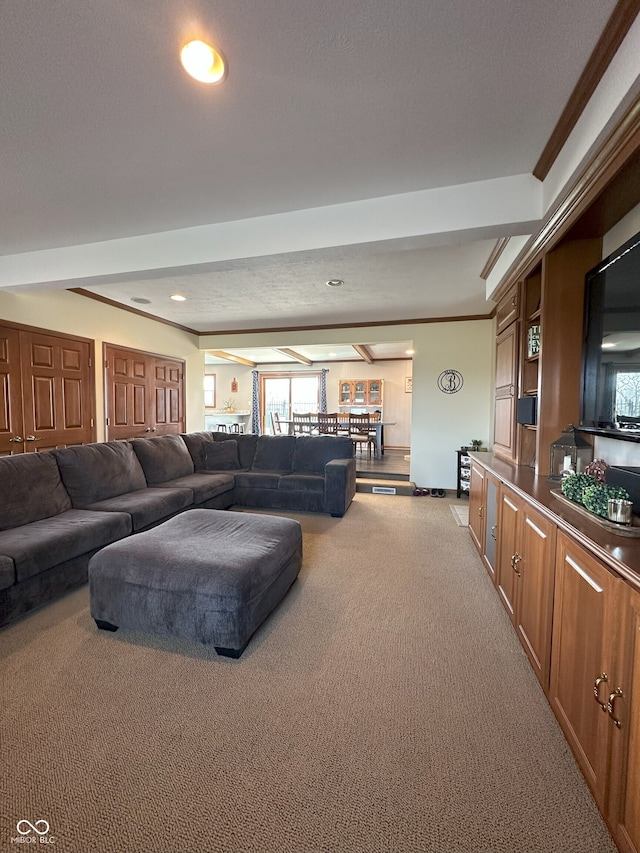 living room with light carpet, baseboards, ornamental molding, and recessed lighting
