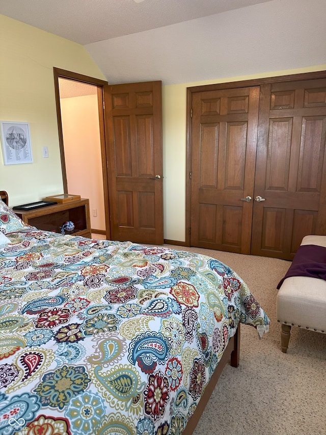carpeted bedroom featuring a closet and lofted ceiling