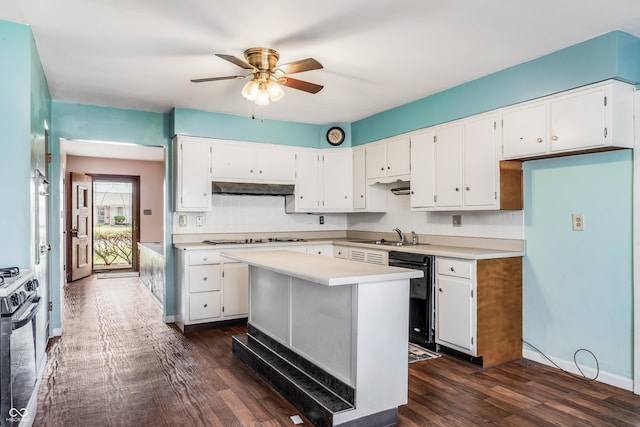 kitchen featuring white cabinets, light countertops, a ceiling fan, dark wood finished floors, and black appliances