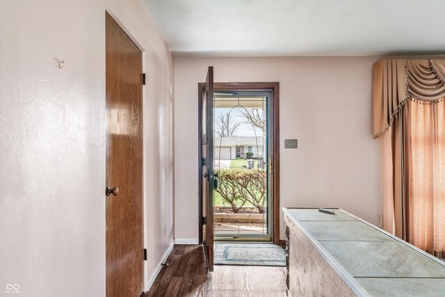 entryway featuring baseboards and wood finished floors