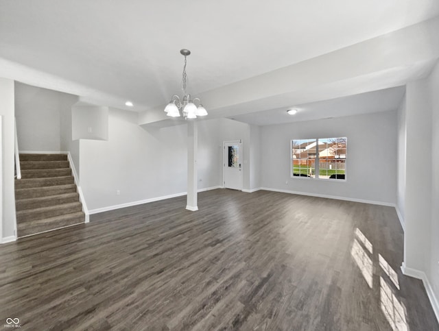 8251 Garden Ridge Rd, Indianapolis, IN 46237 - unfurnished living room with baseboards, an inviting chandelier, recessed lighting, stairs, and dark wood finished floors
