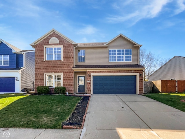 8251 Garden Ridge Rd, Indianapolis, IN 46237 - traditional home featuring a garage, fence, concrete driveway, brick siding, and a front lawn