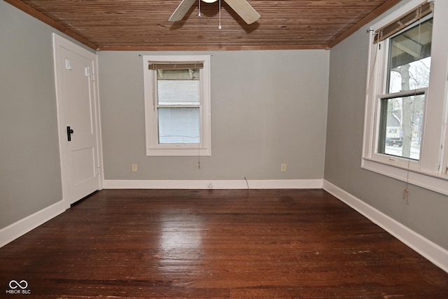 spare room featuring baseboards, hardwood / wood-style flooring, wooden ceiling, and ceiling fan