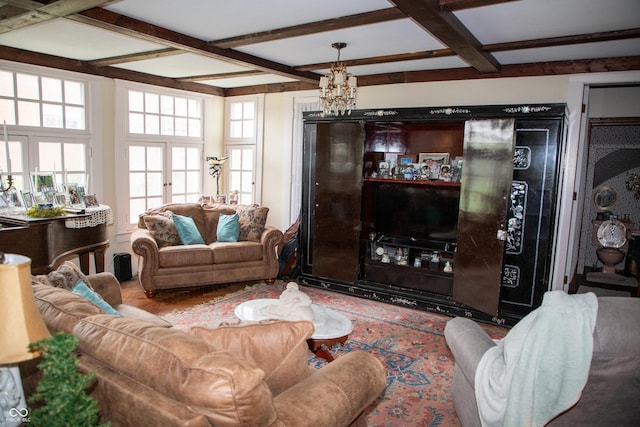 313 E Wabash Ave, Crawfordsville, IN 47933 - living area featuring a wealth of natural light, beamed ceiling, and coffered ceiling