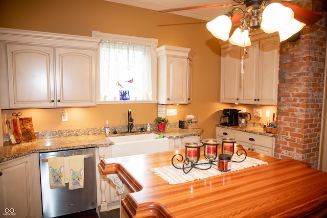 313 E Wabash Ave, Crawfordsville, IN 47933 - kitchen featuring stainless steel dishwasher, ceiling fan, a sink, and wooden counters