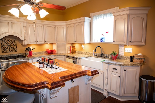 313 E Wabash Ave, Crawfordsville, IN 47933 - kitchen with a sink, wooden counters, a ceiling fan, a kitchen bar, and stainless steel gas stovetop