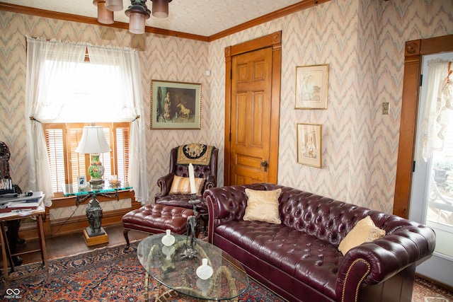 313 E Wabash Ave, Crawfordsville, IN 47933 - living area featuring wallpapered walls and crown molding