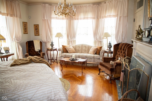 313 E Wabash Ave, Crawfordsville, IN 47933 - living area featuring a chandelier, crown molding, and a fireplace