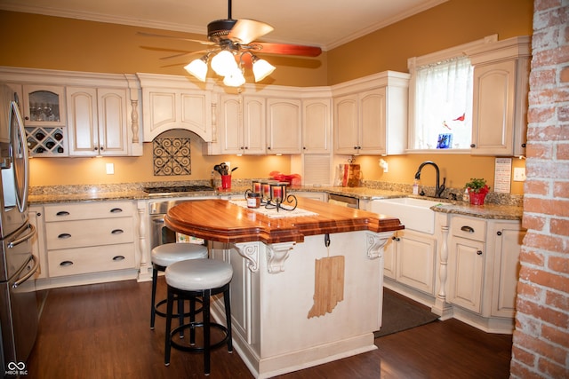 313 E Wabash Ave, Crawfordsville, IN 47933 - kitchen with dark wood-style floors, a kitchen island, ceiling fan, stainless steel appliances, and a sink