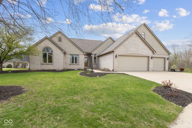 8095 Christopher Ct, Avon, IN 46123 - view of front of house with brick siding, an attached garage, a front lawn, and driveway