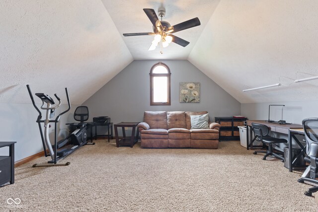 8095 Christopher Ct, Avon, IN 46123 - office with lofted ceiling, a ceiling fan, carpet flooring, and a textured ceiling