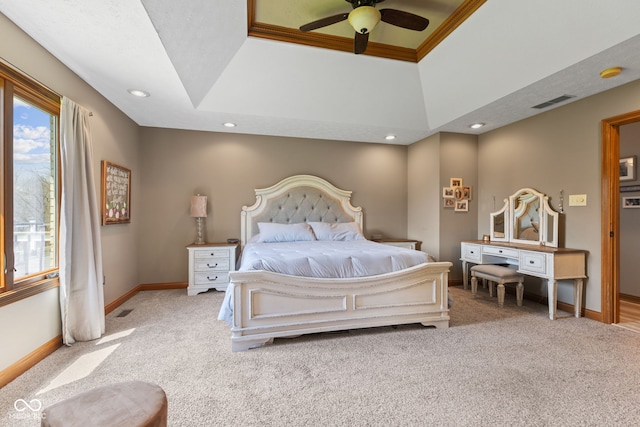 8095 Christopher Ct, Avon, IN 46123 - bedroom with visible vents, baseboards, carpet, recessed lighting, and a raised ceiling