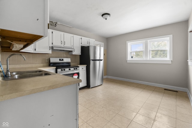 5713 Bluff Rd, Indianapolis, IN 46217 - kitchen with visible vents, appliances with stainless steel finishes, under cabinet range hood, a sink, and backsplash