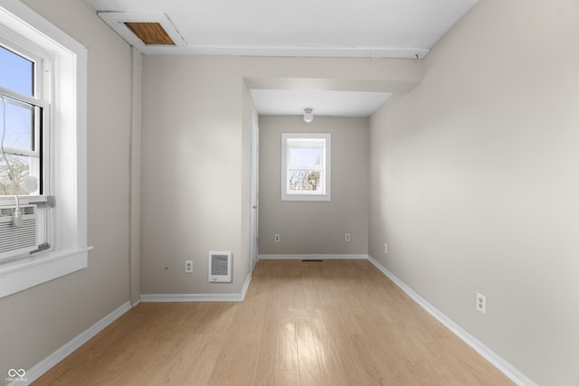 5713 Bluff Rd, Indianapolis, IN 46217 - spare room featuring light wood-style floors, baseboards, visible vents, and heating unit