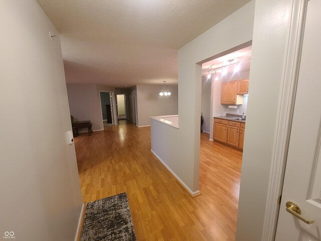 6525 Emerald Hill Ct Unit 208, Indianapolis, IN 46237 - hall featuring a notable chandelier, baseboards, a sink, and light wood-style floors