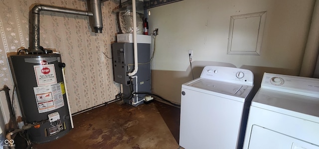 403 S Mill St, Veedersburg, IN 47987 - clothes washing area with water heater, washing machine and clothes dryer, heating unit, and wallpapered walls