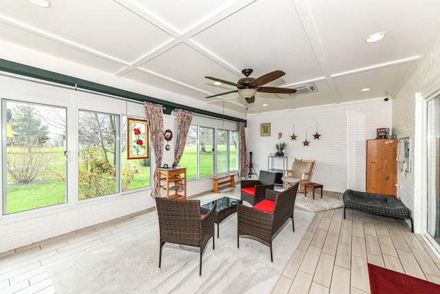 1153 Diablo Rd, Greenwood, IN 46143 - sunroom / solarium featuring visible vents, a ceiling fan, an outdoor hangout area, and wood finished floors